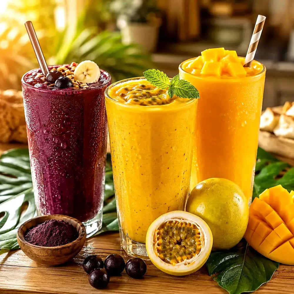 Smoothies préparés avec les pulpes de fruits surgelées Bakaçaï