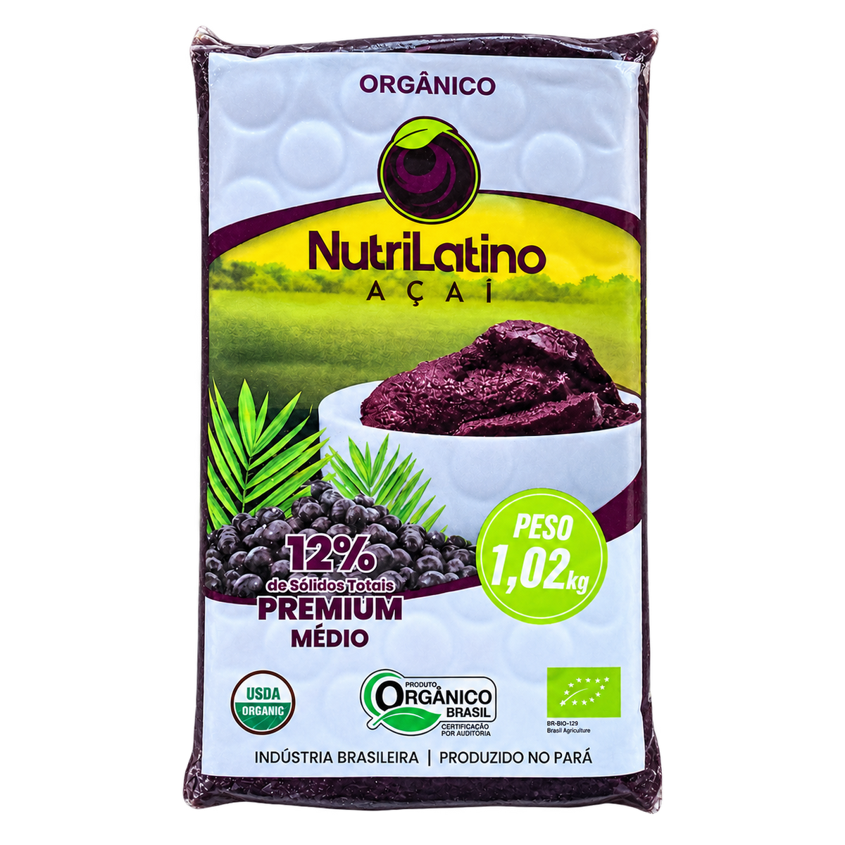 Pulpe d'açaí bio Nutrilatino surgelée 12% Medio 1,02 kg, produite au Pará